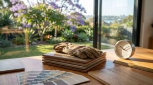 Renovation timeline planning table featuring a fanned paint colour swatch deck, stack of stone tiles topped with a leather work glove, silver desk clock, brass ruler, and timber flooring samples in front of sliding glass doors overlooking a sunlit garden.