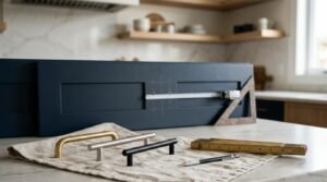 Kitchen cabinet handle installation setup featuring brushed brass, satin nickel, and matte black bar pulls displayed beside a pencil and folding wooden ruler, in front of a dark navy shaker drawer front marked with drill holes, measuring tape, and a speed square.