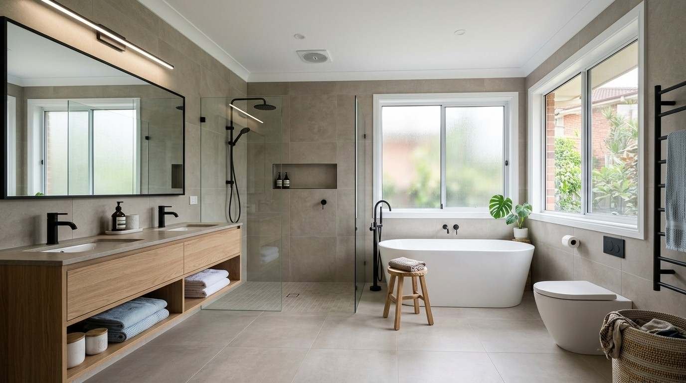 Premium renovated main bathroom in a Sydney family home, highlighting practical design, durability, storage, and broad appeal for resale and rental value.