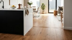 Sunlit open-plan kitchen and living space featuring natural engineered oak wide-plank timber flooring, a kitchen island with a white quartz waterfall benchtop, matte black cabinetry, and a black gooseneck tap leading towards a dining area.