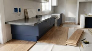 Kitchen renovation fitout showing engineered oak timber floorboards being laid over protective underlay beside navy blue base cabinets with stainless steel benchtops, stacked marble splashback tiles, and tile spacers.