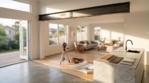 Open-plan structural home renovation featuring an exposed steel I-beam, rotary laser level on a tripod, architectural floor plans, and material finish swatches on a Calacatta marble island bench transitioning between polished concrete and timber flooring.