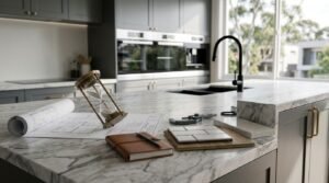 Brass hourglass resting on architectural kitchen blueprints beside a leather notebook, ceramic subway tile samples, stone swatches, and a micrometer on a Calacatta marble island with integrated grey cabinetry and built-in ovens in the background.