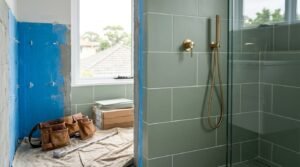 Bathroom renovation in progress showing sage green tiled shower wall with installed brushed brass handheld shower head and mixer tap, looking into an unfinished section with blue waterproofing membrane, leather tool belt, and tile boxes.