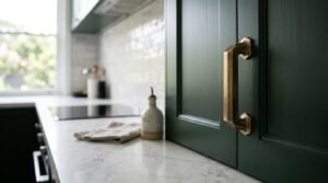 Close-up of a dark forest green shaker cabinet door fitted with a heavy antique brass faceted pull handle, mounted above a white marble benchtop styled with a linen tea towel, ceramic oil bottle, and induction cooktop in the background.