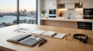 Kitchen remodel specification board laid out on a light oak timber table featuring paint swatches, an open notebook with a pen, solid white quartz, Calacatta marble sample, stacked white tiles, a brushed brass handle, and a matte black pull-out spray tap with a panoramic Sydney skyline view in the background.