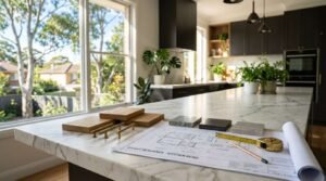 Architectural kitchen renovation blueprints titled "Sydney Residence - Kitchen Reno" laid out on a Calacatta marble island with oak timber swatches, brushed brass T-bar handles, natural stone samples, a pencil, and a brass tape measure overlooking a bright window.