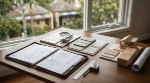 Architectural design consultation workspace featuring an open portfolio binder with house floor plans, chrome tapware curved into a question mark, paint swatch cards, subway tiles, timber blocks, and a miniature wooden house model overlooking suburban rooftops.