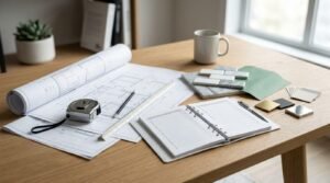 Architectural design desk featuring unrolled building blueprints with a tape measure, scale ruler, and pencil, set beside an open spiral notebook, ceramic tile samples, metallic finish swatches, and a coffee mug on a light oak table.