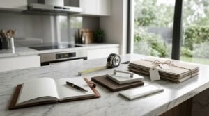 Kitchen renovation budgeting workspace on a marble island bench featuring an open leather-bound grid notebook with fountain pen, trade quotes in tied manila folders with tags, tape measure, dark timber block, quartz stone sample with chrome handle, and bevelled subway tile.