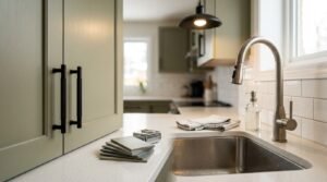 Modern sage green shaker kitchen featuring knurled matte black handles, white engineered stone benchtop with a colour swatch stack and measuring tape, alongside an undermount stainless steel sink with a brushed nickel pull-down gooseneck tap and white subway tile splashback.