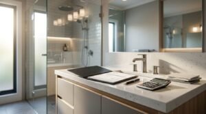 Primary Alt Text Bathroom renovation cost planning setup on an engineered stone vanity featuring a quote document inside a black leather folder, digital calculator, pen, and tile samples next to a brushed nickel tap, with a frameless glass walk-in shower in the background.