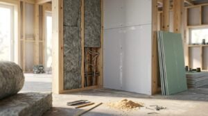 Residential wall framing and insulation installation stage displaying timber stud walls fitted with acoustic rockwool insulation batts, electrical conduits, partially sheeted plasterboard, and stacked green moisture-resistant drywall panels.