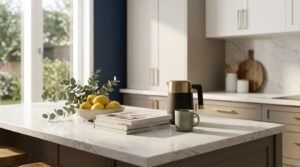 Sunlit kitchen island with a Calacatta quartz benchtop styled with design books, a ceramic coffee mug, matte black and brass kettle, bowl of fresh lemons, and eucalyptus foliage, overlooking warm greige and white shaker cabinetry with brushed brass handles.
