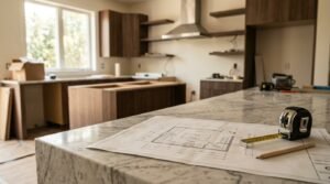 Kitchen floor plan blueprint, pencil, and extended measuring tape laid out on a Calacatta marble countertop during cabinet installation in an active kitchen remodel with walnut joinery and range hood in progress.