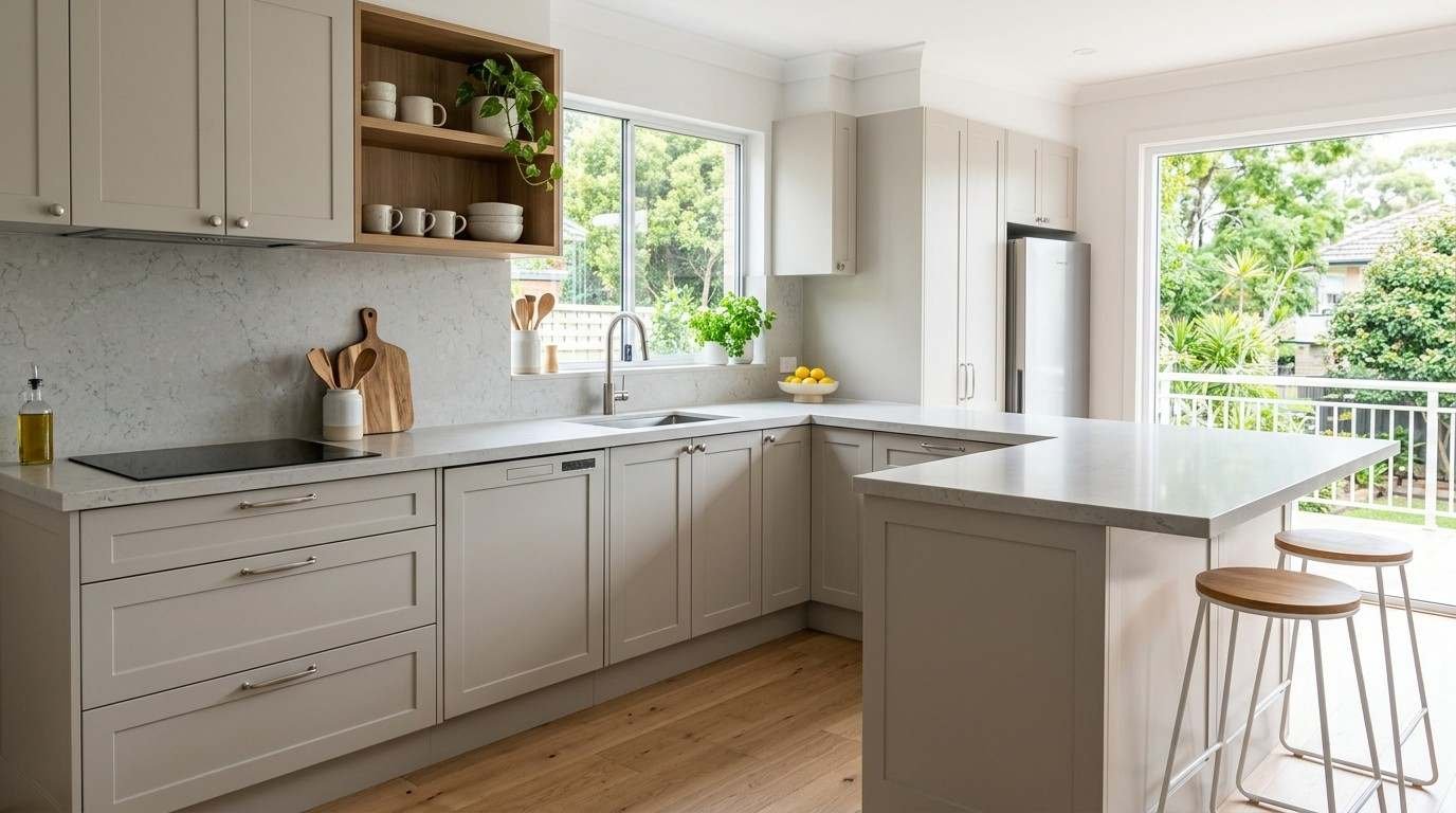Modernised Sydney investment kitchen with refreshed cabinetry, stone-look benchtop, contemporary fixtures, practical storage, and durable finishes designed to improve property appeal.
