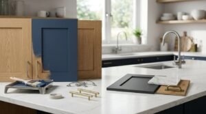 Kitchen island workbench demonstrating cabinet repainting versus custom replacement, showing a half-painted navy blue shaker door on natural oak next to a paint tray and brush, paired with a charcoal sample panel, Calacatta marble swatch, and handle options in chrome and brushed brass.