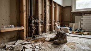 Bathroom strip-out and structural remediation in progress showing water damage and rot along timber stud framing, exposed cast iron and copper plumbing pipes, demolished floor tiles, trade work boots, spirit level, and stacks of new subway tiles.