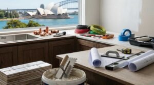 Kitchen renovation trades and trade tools setup on countertops—including tile adhesive bucket with notched trowel, blueprints, copper pipe fittings, electrical wire coils, digital multimeter, and paint roller tray—overlooking the Sydney Opera House and Harbour Bridge.