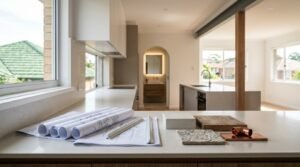 Architectural floor plan blueprints, scale rulers, quartz stone, embossed tile, timber, and copper elbow pipe fittings on a kitchen island bench overlooking an open-plan kitchen and arched hallway leading to an illuminated bathroom vanity.