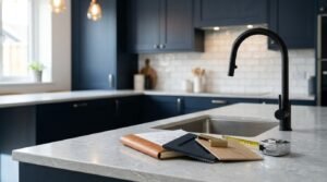 Modernised kitchen island featuring a matte black gooseneck tap and undermount sink on an engineered quartz benchtop, with a leather planning notebook, architectural sketch, navy and oak sample swatches, brass handle, and measuring tape, overlooking navy shaker cabinetry and a white subway tile splashback.