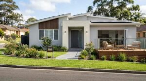 Modern single-storey home exterior renovation featuring a skillion roof with solar panels, light grey rendered facade with vertical timber battens, charcoal entry door, paved walkway, manicured native garden, and a raised timber deck with glass balustrading and outdoor armchairs connected via bi-fold doors.