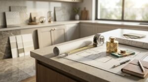 Kitchen renovation budgeting scene on an engineered stone island featuring architectural floor plans weighted with Australian currency, coins, and a brass growth icon paperweight beside a measuring tape, leather journal, pen, and paint swatches in front of light beige shaker cabinetry.