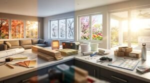 Four-season home renovation scene showing a kitchen workbench transitioning across autumn, winter, spring, and summer, equipped with building blueprints, timber studs, an electric space heater, paint cans and rollers, power drill, project Gantt chart schedule, Australian banknotes, and delivery boxes overlooking changing seasonal window views.