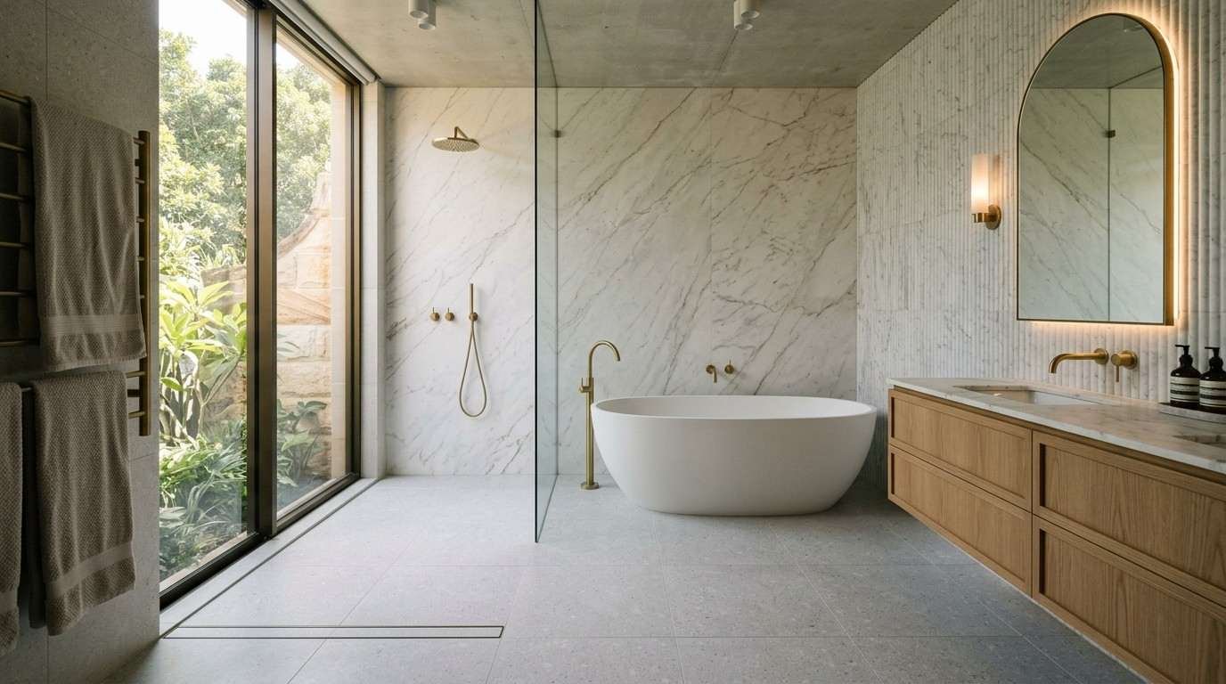 Premium $100,000 Sydney bathroom renovation with high-end fixtures, custom joinery, refined tiling, walk-in shower, bathtub, and meticulous construction detailing.