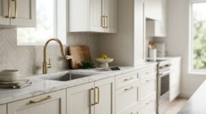 Bright modern kitchen featuring warm off-white shaker cabinetry with brushed brass handles, a Calacatta marble benchtop with an undermount stainless steel sink, a matching brushed brass gooseneck tap, and a light grey herringbone tile splashback.