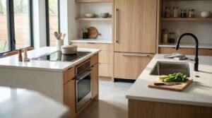 Modern double-island kitchen featuring light oak cabinetry, an integrated panel-ready refrigerator, a cooking island with a built-in oven and black induction cooktop, and a prep island with an undermount sink and matte black gooseneck tap.
