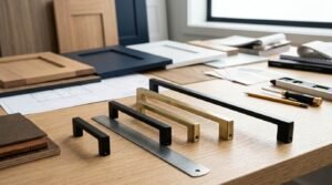 Kitchen joinery workstation displaying standard cabinet pull sizes in matte black and brushed brass arranged from smallest to largest along a steel ruler, surrounded by architectural blueprints, oak, navy, and white shaker door samples, and trade tools.