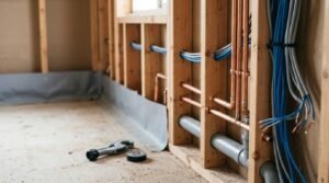 Kitchen rough-in construction stage showing exposed timber stud wall framing with vertical copper water supply pipes, grey PVC drainage pipe, bundled blue and grey electrical wiring, pipe cutter, and electrical tape on the subfloor.