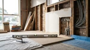 Kitchen and bathroom structural preparation in progress showing exposed timber stud framing and brickwork with roughed-in copper plumbing pipes and electrical conduit, subfloor sheeting with a spirit level and plastering trowel on a drop sheet, and cement bags stacked near a window.