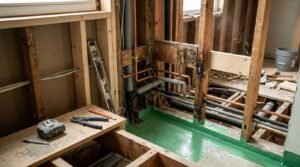 Bathroom structural remediation and waterproofing in progress showing new and rotted timber stud framing, exposed copper and PVC drainage pipes, bright green liquid waterproof membrane applied to the shower floor subfloor, with trade tools, spirit level, and tape measure nearby.