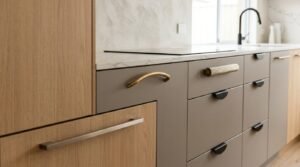 Modern kitchen joinery hardware display showing a mix of popular cabinet pull styles, including a curved brass bow handle, fluted brass bar pull, matte black lip pull handles, and a long stainless steel bar handle across taupe and natural oak flat-panel drawers.