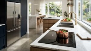Modern open-concept kitchen showcasing the ergonomic work triangle with a copper saucepan on an induction cooktop, an undermount double sink with brushed brass tapware, and a stainless steel French door refrigerator set into navy cabinetry.