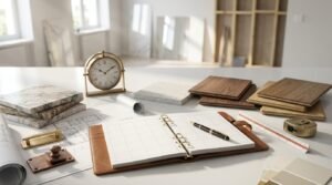 Renovation schedule and design planning desk featuring an open leather-bound calendar planner with a fountain pen, architectural blueprints, vintage brass desk clock, marble benchtop swatches, timber flooring samples, brass and copper joinery hardware, scale ruler, and paint colour chips.