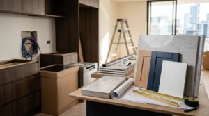Kitchen renovation site with material sample mood board, rolled architectural blueprints, brass folding ruler, and cabinet door samples on a workbench in front of dark wood joinery, rough-in plumbing pipes, and boxed appliances.
