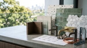 Bathroom material selection mood board displayed on a concrete-look benchtop featuring gloss green subway tiles, Carrara marble hexagon mosaic tiles, terrazzo slab, walnut joinery profile, glass sample, floor plan sketch, and tapware options in brushed nickel and brass.