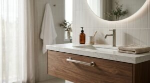 Modern floating walnut bathroom vanity featuring an undermount rectangular sink, brushed nickel mixer tap, white marble-look quartz benchtop, vertically stacked subway splashback tiles, and a backlit circular mirror.