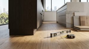 Low-angle view of newly installed engineered oak flooring running beneath a dark timber kitchen island and a grey island bench, with a spirit level, measuring tape, and sample material swatches placed along the walkway.