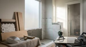 Bathroom shower tiling renovation in progress featuring large-format Calacatta marble wall tiles guided by a green cross-line laser level, beside a wet tile saw, notched trowel, basketweave mosaic tiles, and brushed brass shower fixtures.
