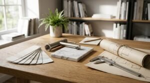 Interior design mood board on a wooden desk featuring paint swatches, a marble sample tile, a brushed nickel faucet, rolled blueprints, and a vernier caliper