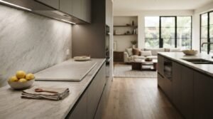 A sleek modern kitchen featuring grey-veined marble countertops, matching marble full-height backsplash with an invisible induction cooktop, handleless taupe flat-panel cabinetry, and a bowl of fresh lemons looking into an open-concept living room