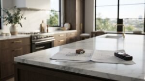 Architectural blueprints with a leather tape measure and digital laser measuring tool on a white marble kitchen island in a modern luxury kitchen