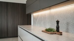 A modern kitchen featuring a textured grey stone countertop and full-height backsplash illuminated by under-cabinet LED strip lighting, with a wooden serving board holding fresh rosemary and a black pepper grinder beside matte charcoal cabinetry
