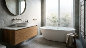 Modern bathroom featuring a floating wood vanity with vessel sink and round mirror beside a freestanding soaking bathtub next to a frosted window