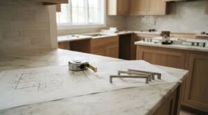 Kitchen remodeling plan with architectural blueprints, a tape measure, and brushed nickel cabinet handles on a marble countertop in an unfinished kitchen