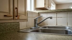 Outdated kitchen sink area showing a chrome mixer tap with a dual stainless steel sink, speckled green laminate benchtops, discoloured square tile splashback, and worn off-white wooden cabinets with chipping paint and timber handles.